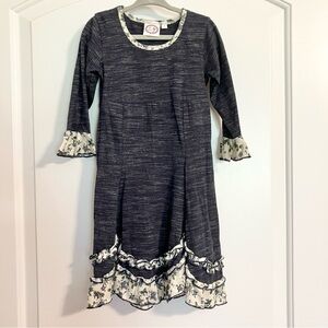 Lilli Lovebird heathered blue boho dress cream floral tiered ruffle accents Sz 4